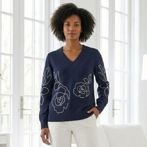 Style Co Vintage 90s Womens L Navy Rose Embroidery VNeck Sweater Floral Knit